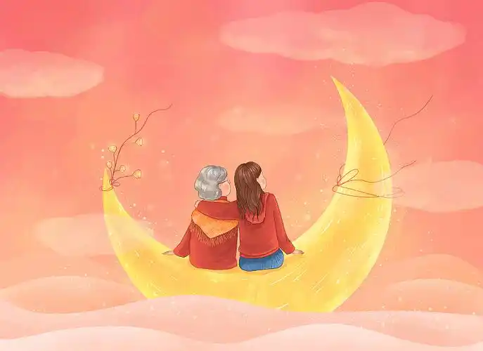 月亮上的母女背影温馨母亲节插画紫色