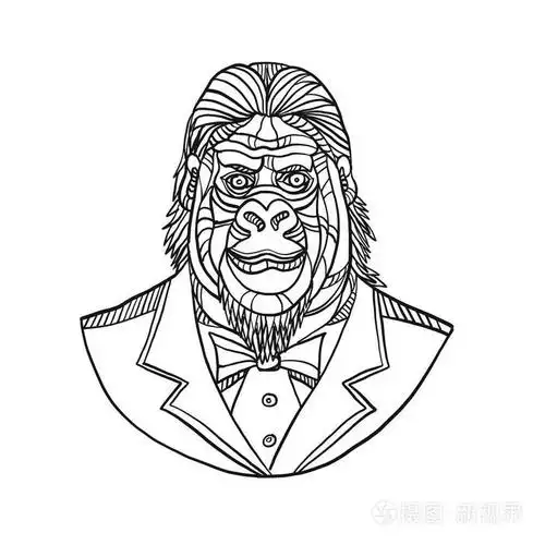 单声道线例证大猩猩或猿的胸围穿燕尾服外套外套和领带西装从前面做的