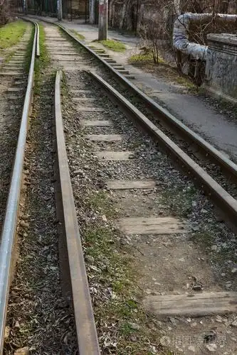 旧电车铁路. 用于重新排列旧有轨电车车轮的窄规路带处的遗骸.