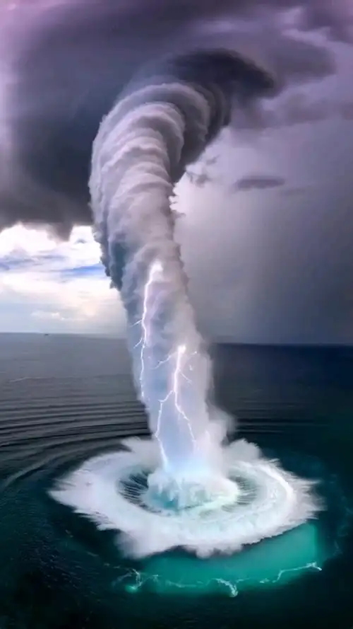 海面巨型龙卷风将海水拧成千米高螺旋水柱