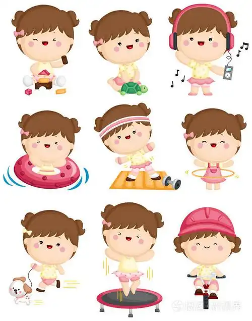 一组可爱的女孩做运动和她的日常锻炼的矢量集