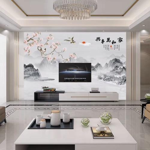 新中式山水家和万事兴花鸟意境大气水墨客厅电视背景墙纸壁纸墙布