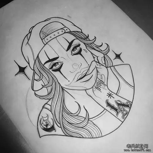 线条欧美女郎纹身图案