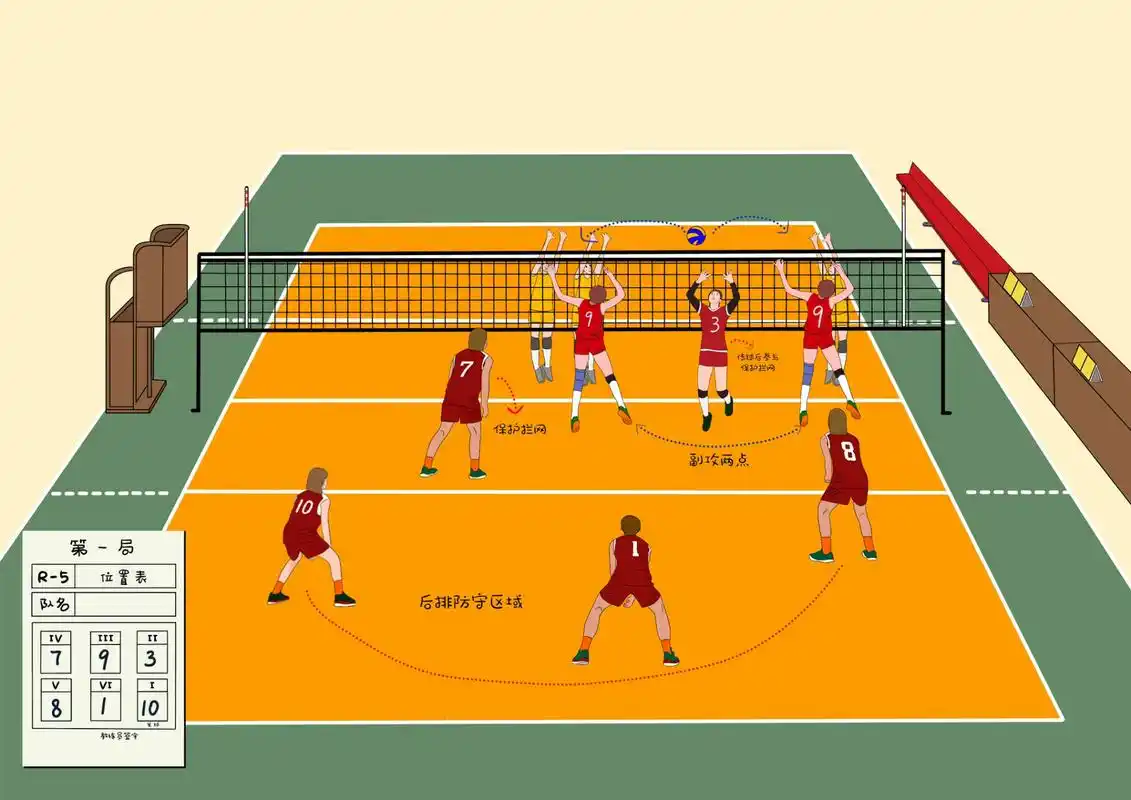 排球接发球后队员职责及站位 队员站位根据战术调配,案例站位为其中一