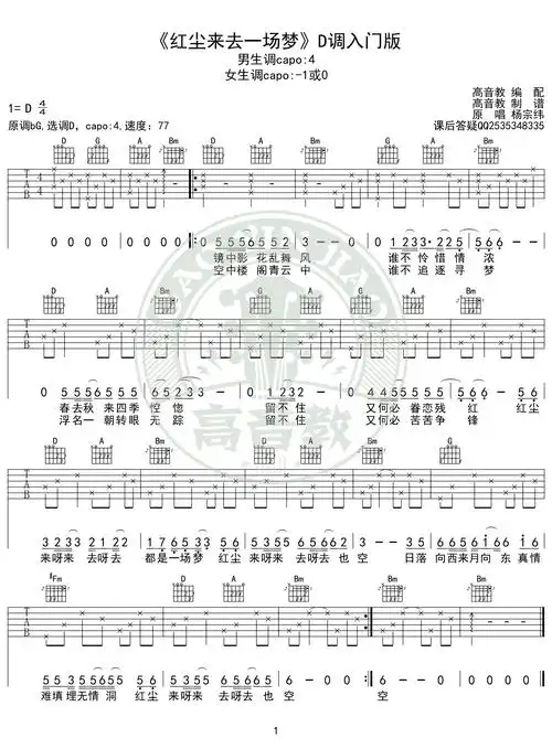 杨宗纬红尘来去一场梦d调入门版吉他谱