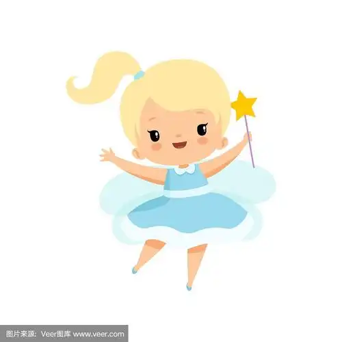 可爱的小牙齿仙女与魔术棒,可爱的金发仙女女孩卡通人物在浅蓝色