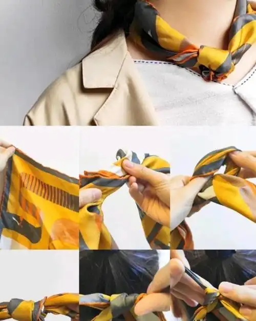 系法非常简单,首先把小方巾对折形成两个三角形状,然后把丝巾卷成长圆