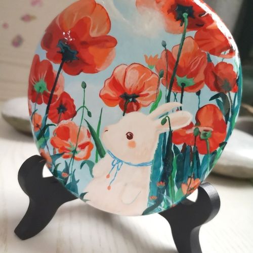 创意丙烯石头画摆件成品 迷失花海 可爱兔子 创意礼品 diy饰品