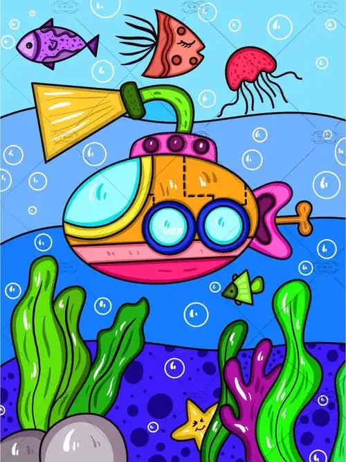 海底世界儿童画【内附线稿】潜水艇小鱼|