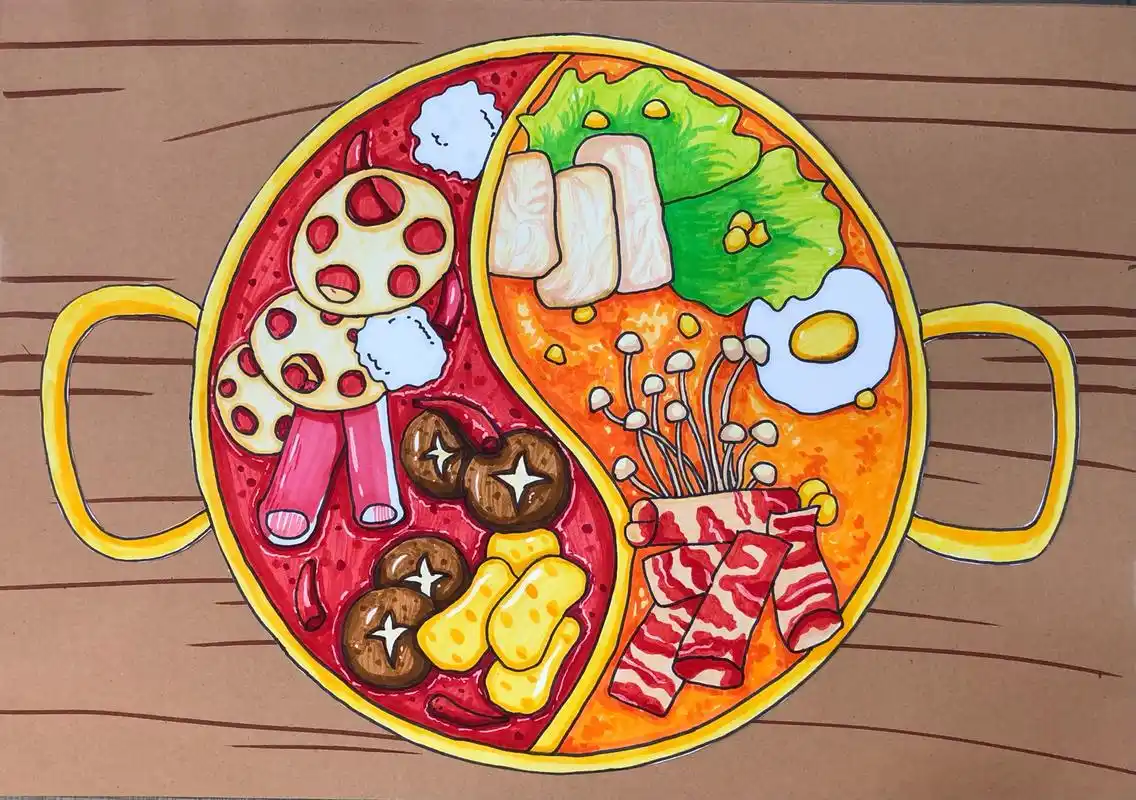 冬天就是吃火锅的季节啦 我们一起来画一幅热气腾腾的火锅吧 画鸳鸯锅