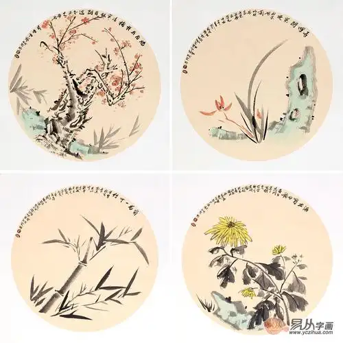 【新品佳作】门第斗方花鸟四联画《梅兰竹菊》