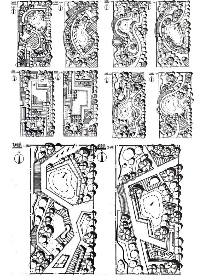 小场地景观平面图不同形式构图集合(节点) 最全方形小场地手绘平面图