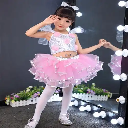 六一新款女童表演服粉色可爱演出服幼儿蓬蓬裙爵士舞蹈服漏肚脐亮