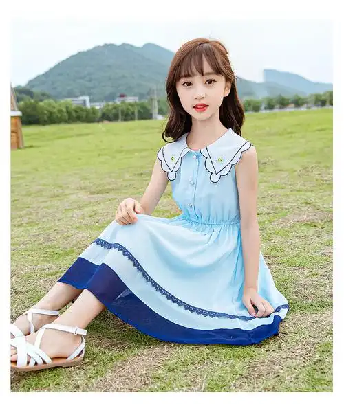 女孩夏季雪纺公主裙中大童儿童夏装裙子儿童女童装女 10岁 粉色连衣裙