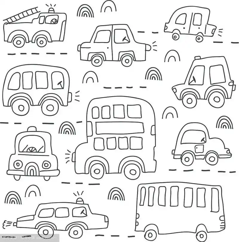 大套不同的手绘玩具汽车