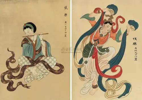 0389敦煌伎乐册页八开设色绢本