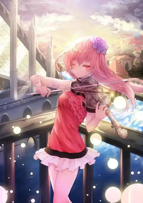 拉小提琴女生 红色眼睛 粉色长发 红色裙子 唯美动漫风景