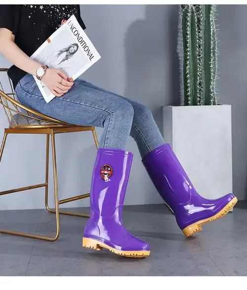 水靴长筒加绒冬时尚保暖胶鞋水鞋防水雨靴套鞋28女款高筒卡其加绒款37