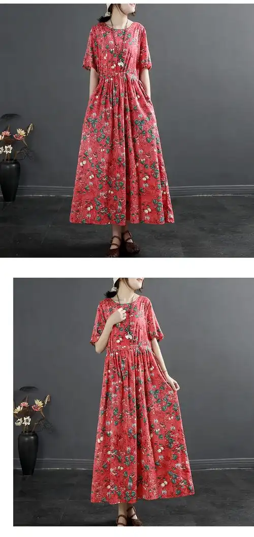 轻奢奇汇优雅夏典夏季新款文艺复古棉麻碎花连衣裙女春夏宽松收腰a字