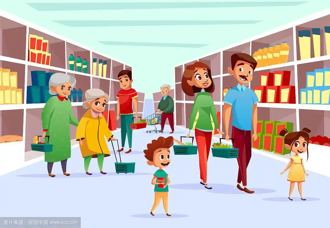 人们全家在超市购物