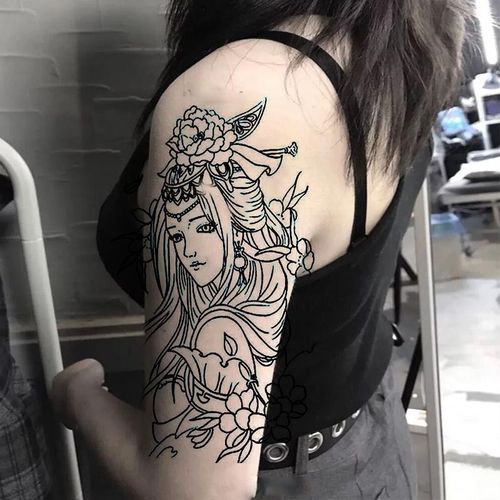 畅印 割线虞姬线条刺青色艺伎 花臂小腿纹身贴貂蝉滴泪艺伎纹身防水持