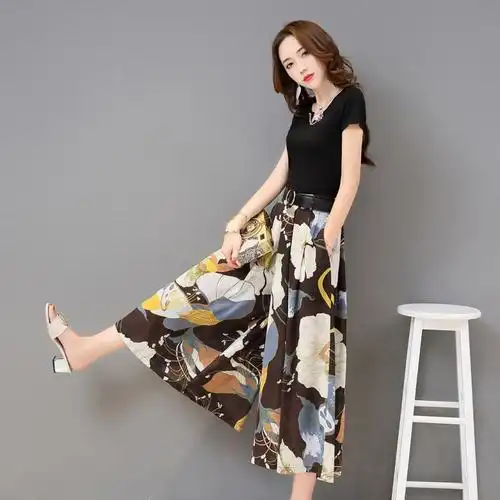 夏天女装时尚套装韩版时尚气质雪纺印花九分裤阔腿裙裤两件套休闲