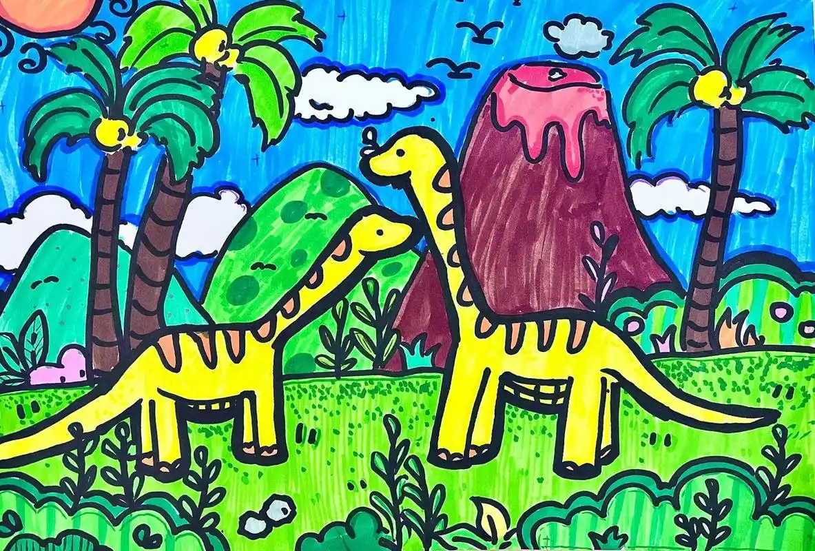 三年级上册美术《恐龙世界》学生作品 了解恐龙的分类以及不同的特点