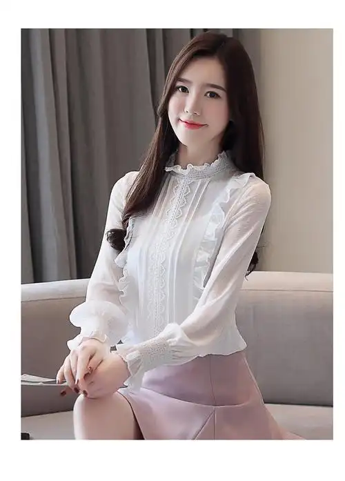 2019春装新款白色长袖雪纺衫女韩版气质花边衬衫上衣打底小衫衬衣