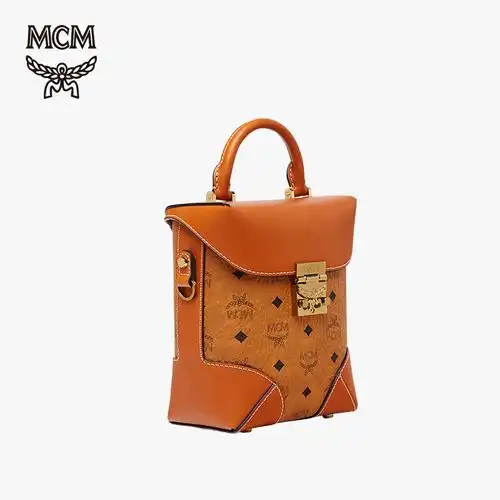 mcm女士时尚干邑色女士中号手提斜挎包小方包小箱子薯条包送女友mwr8