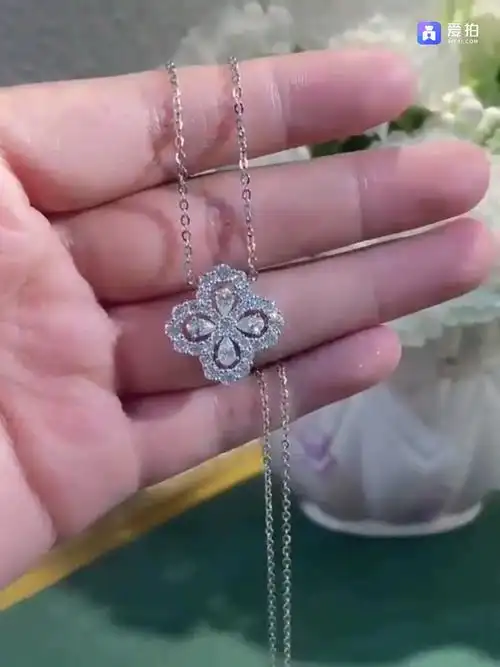 925纯银hw四叶草项链女满钻loop花形吊坠水滴钻石个性花朵锁骨链