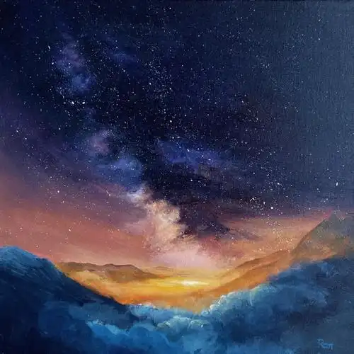 夕阳星空原创丙烯画附带步骤图