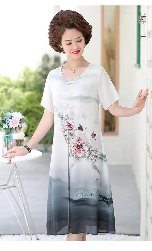 洋湖轩榭 中老年女装夏季短袖连衣裙妈妈装夏季印花中长款雪纺高档
