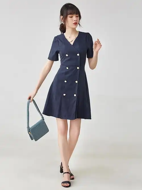 唯品会品牌女装折扣店专柜正品夏淑女v领显瘦紧身连衣裙