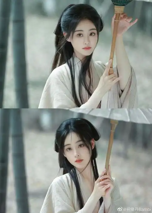 祝绪丹竹林撑伞写真素衣撑伞的古风美人