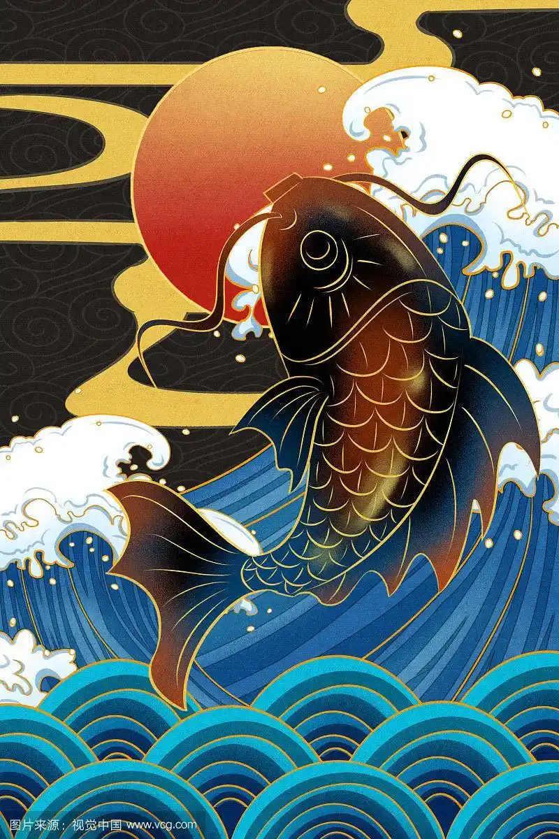 国潮风鲤鱼在水面上跃起插画
