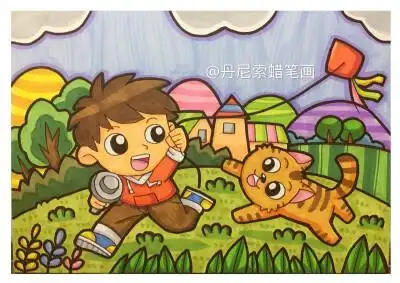 蜡笔画幼儿简笔画带颜色蜡笔画场景简笔画乌鸦喝水儿童蜡笔画图片