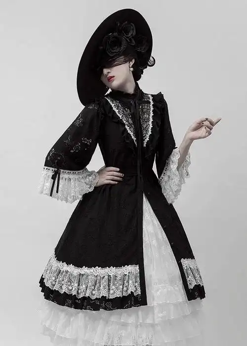 lalaers预约芙蕾雅黑色蕾丝连衣半身op淑女浪漫lolita洛丽塔连衣裙