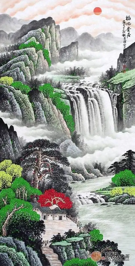 聚财山水画靠山招财字画源远流长,画壁纸自粘墙纸中式山水画墙贴客厅