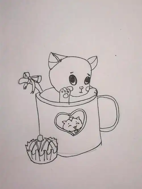 手绘黑白素描可爱萌萌哒的杯中猫可爱又萌有学问的猫