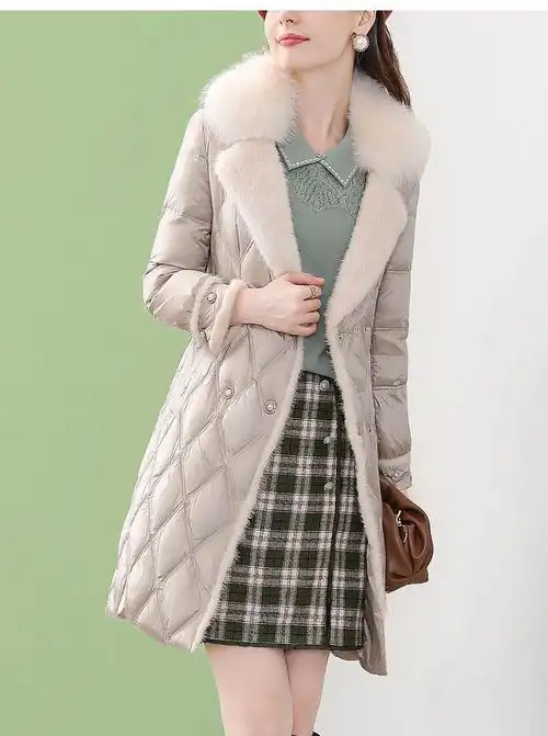 【品牌特价】2020新款女装香槟灰毛领羽绒服女冬季百搭中长款保暖外套