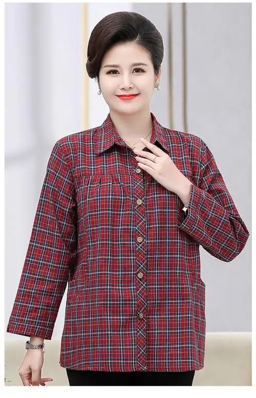 衬衫格子中老年人中年妇女妈妈穿中老年200斤春装女特体40岁50长袖
