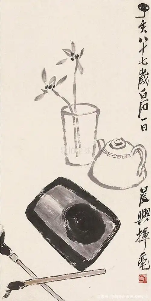 齐白石画《兰花》,齐白石艺术中心-汤发周说,山岩他用侧锋平涂|题款