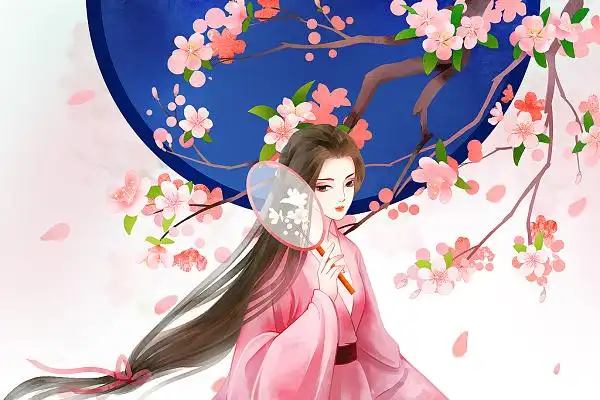古风唯美桃花树下粉衣少女原创插画海报古风中国风花