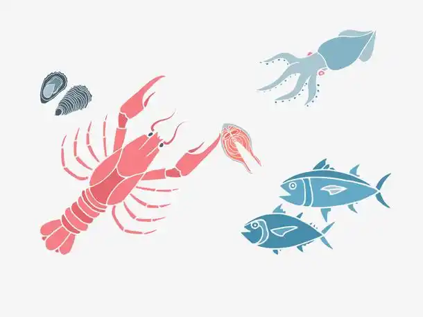 免抠卡通手绘红色皮皮虾蓝色的鱼