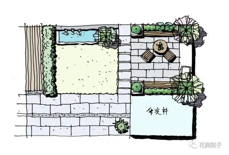 一组庭院花园实景手绘平面图与透视鸟瞰图