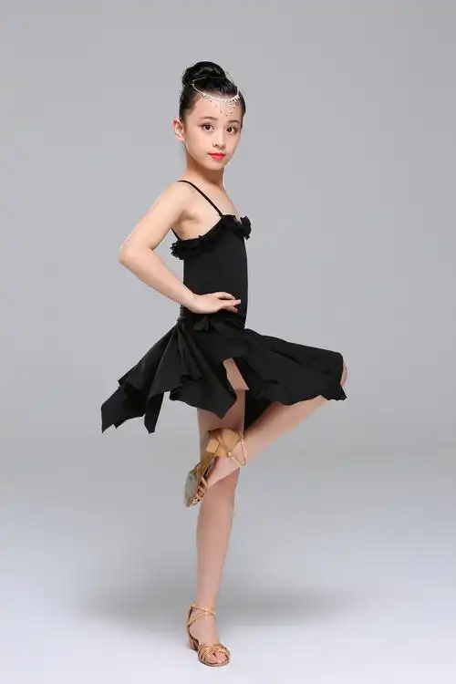 拉丁舞服装女儿童夏季分体舞蹈练功服演出表演服吊带拉丁舞围巾裙