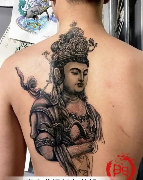 未完成,满背普贤菩萨纹身图片_背部新传统欧美写实纹身图案