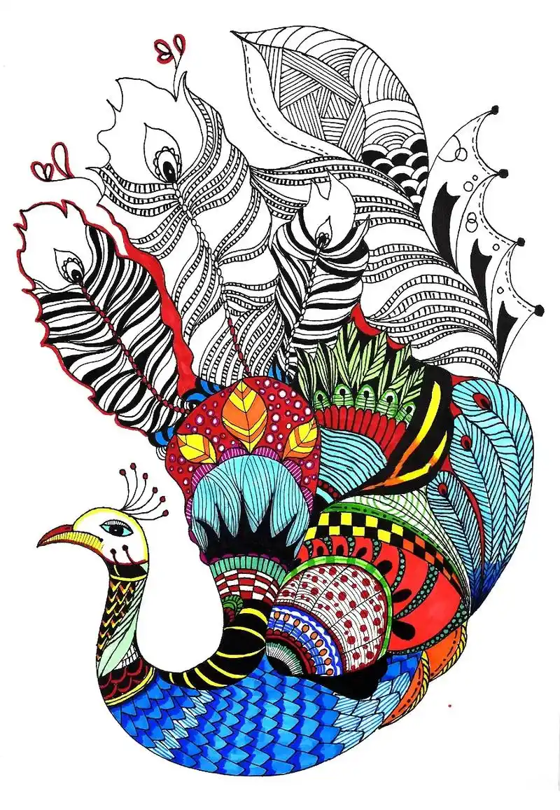 线描装饰画—孔雀08#儿童创意美术 #儿童画 #线描装饰画  - 抖音