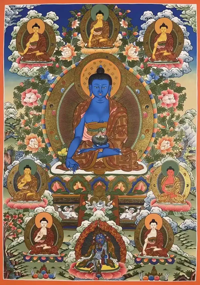 药师七佛.#唐卡 《药师七佛》 尺寸55x75cm,尼泊尔唐 - 抖音