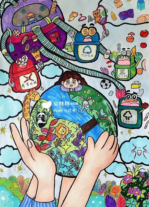 马克杯手绘主题画垃圾分类保护环境科幻画